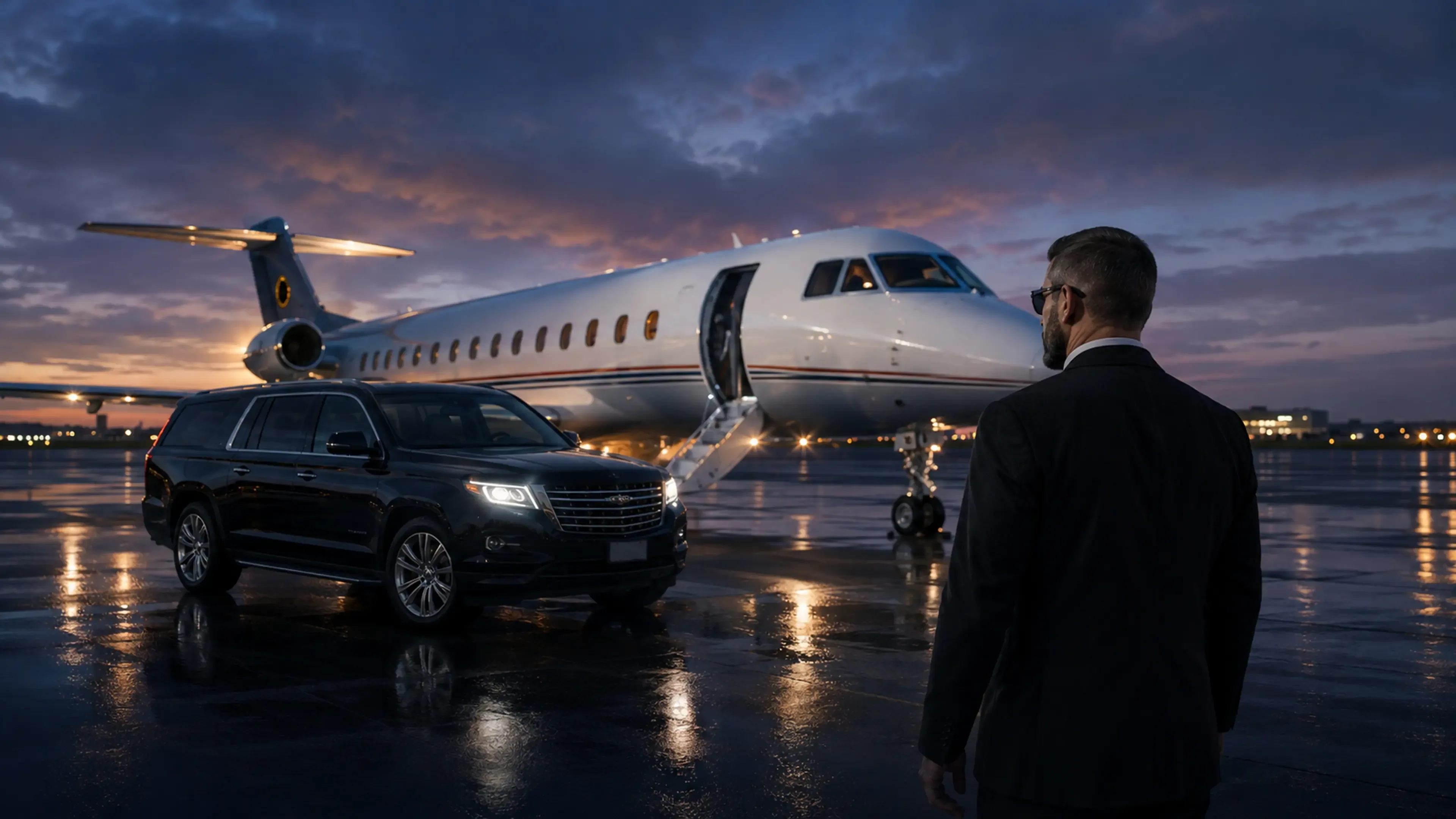 Protective detail escorting a principal near a private jet